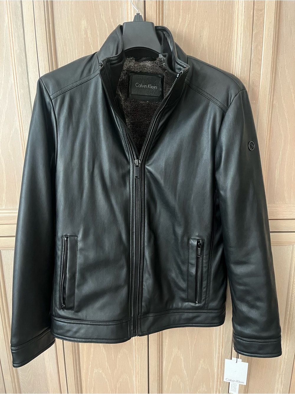Calvin Klein Black Leather Bomber Jacket with Plush lining